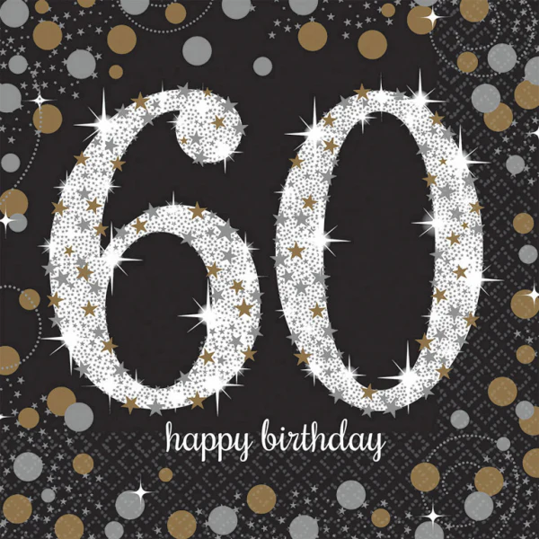 Happy Birthday 60, suuri lautasliina 16 kpl/pkt