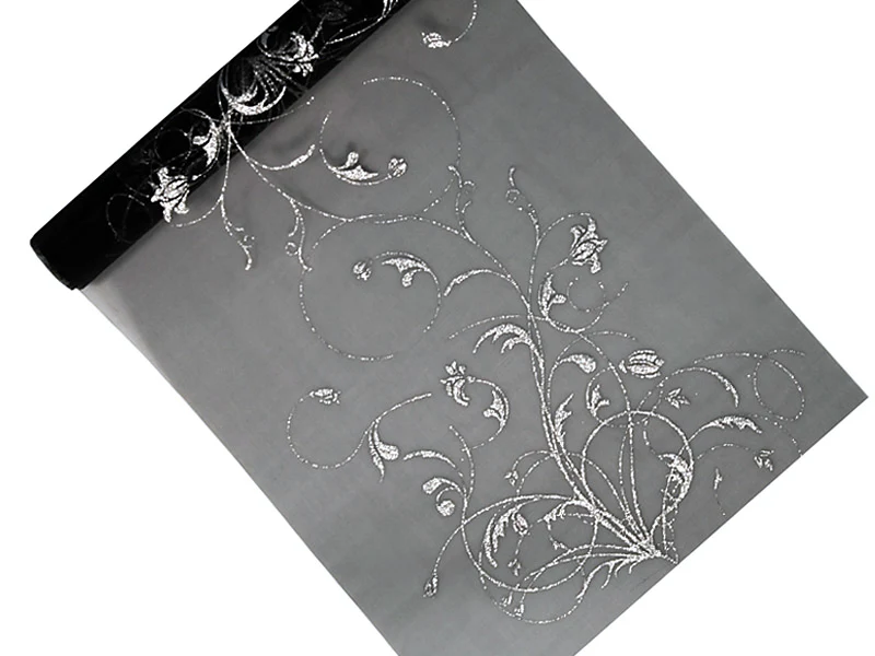 Musta organza hopeakuviolla 900 x 36 cm