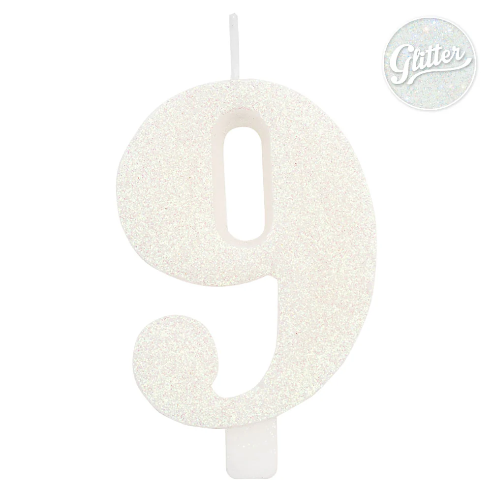 Numerokynttilä 9 valkoinen kimalle 9,5 cm