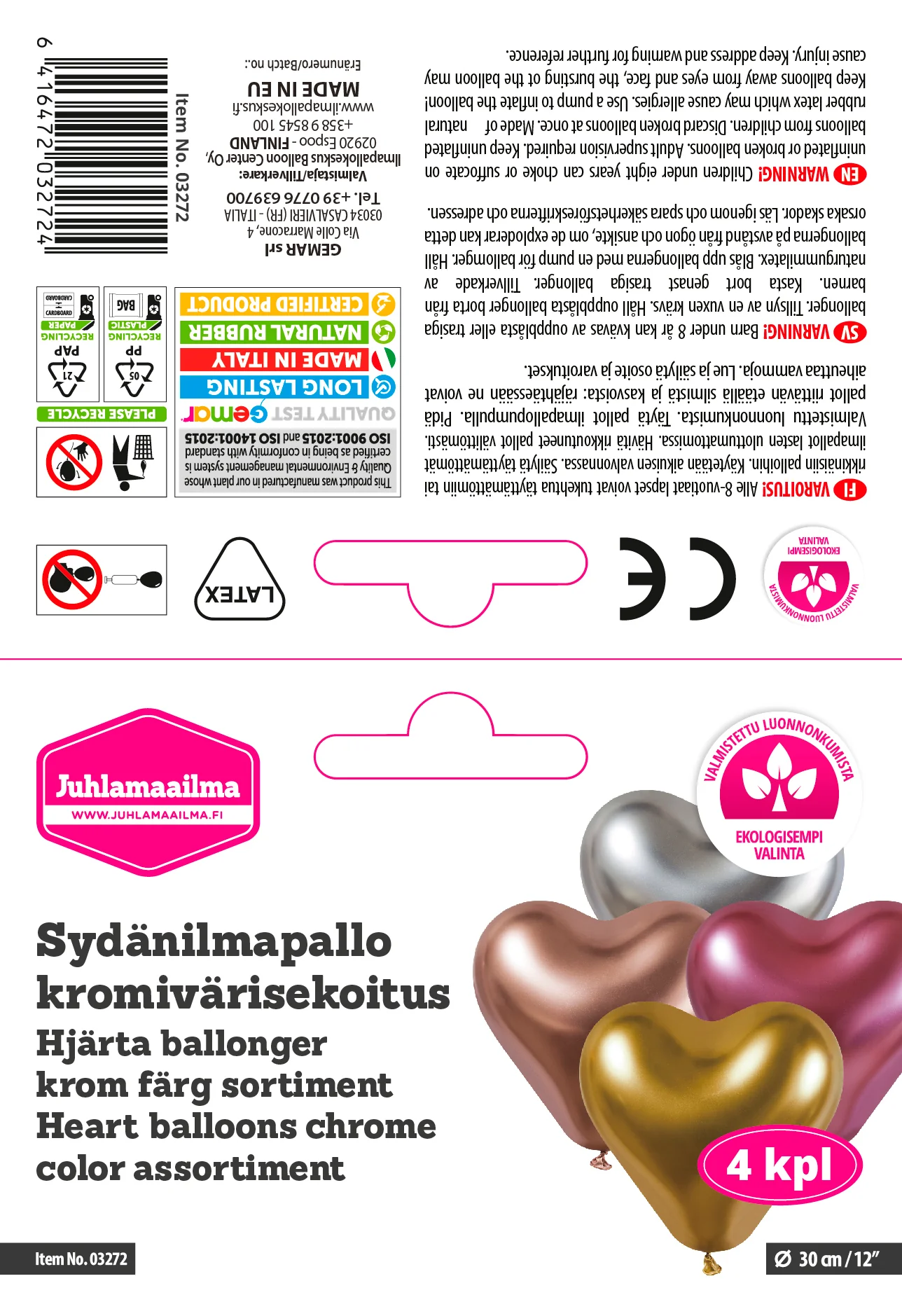 Sydänilmapallo kromivärisekoitus 30 cm 4 kpl/pss - Image 2